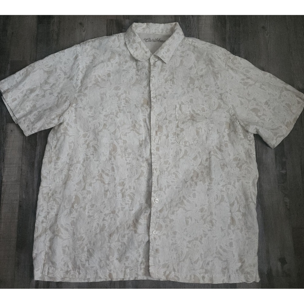 Caribbean Button Down Shirt Mens XL Tan Floral 100% Linen Short Sleeve Tropical